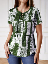 Load image into Gallery viewer, Vibrant Graphic Lace Up V Neck T-shirt - Short Sleeve, Adjustable Closure, Flattering Neckline, Perfect for Casual Summer Wear - Womens Clothing, Graphic Print Design, Ideal for Warm Weather
