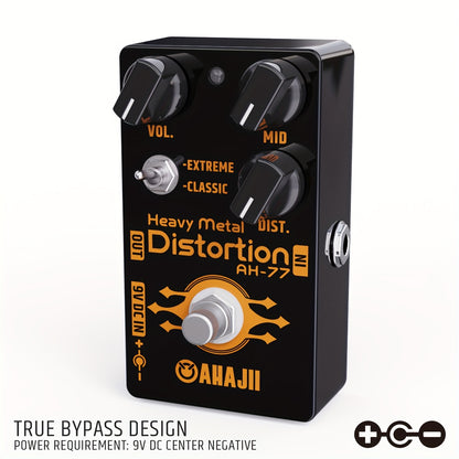 AHAIJI AH-77u High-Gain Distortion Pedal - Heavy Metal Guitar Effects, Black Aluminum Alloy, True Bypass, 3 Control Knobs (Volume, Distortion, Mid), 2-Way Extreme/Classic Selector for Switch, LED Indicator, for High-Quality S