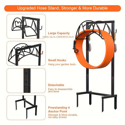 Heavy Duty Freestanding Garden Hose Holder - 1pc Upgraded Metal Hose Stand with 4 Spikes - Detachable Garden Hose Storage Hose Reel Rack, Black
