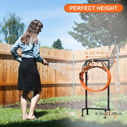 Heavy Duty Freestanding Garden Hose Holder - 1pc Upgraded Metal Hose Stand with 4 Spikes - Detachable Garden Hose Storage Hose Reel Rack, Black