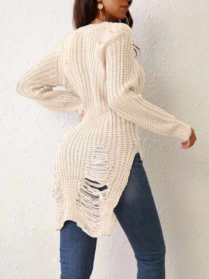 Solid Crew Neck Ripped Split Pullover Sweater - Soft Micro Elastic Acrylic Knit Fabric, Sexy Long Sleeve Design, Hand Washable, Perfect for Fall & Winter Seasons - Womens Clothing