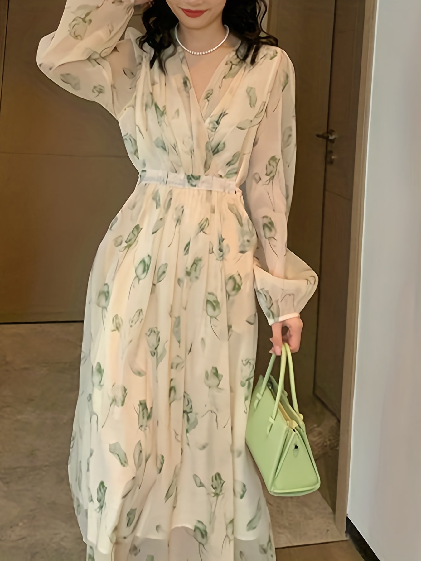 V-Neck Floral Print Chiffon Dress - Slim Waist, Long Sleeve, Elegant & Flowy - Fashion-Forward Womens Clothing for Any Season