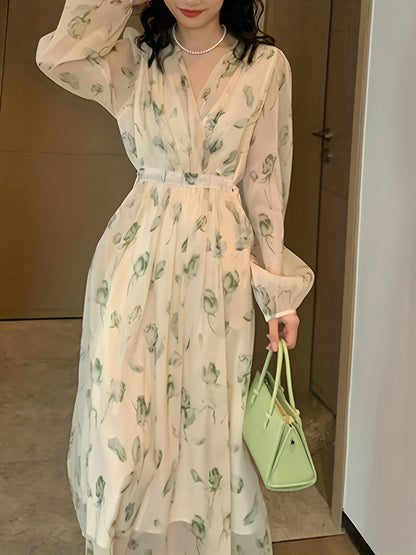 V-Neck Floral Print Chiffon Dress - Slim Waist, Long Sleeve, Elegant & Flowy - Fashion-Forward Womens Clothing for Any Season