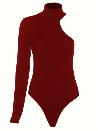 Chic Asymmetric One Shoulder Ribbed Knit Bodysuit - Long Sleeve, Sexy Style for Fall Winter - Form-Fitting, Versatile One Piece Womens Clothing