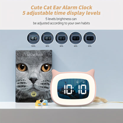 1pc Cute Cat Ear Alarm Clock - Rechargeable Digital Clock with Night Light, 18 Ringtones, and Pink Color for Teens' Bedroom