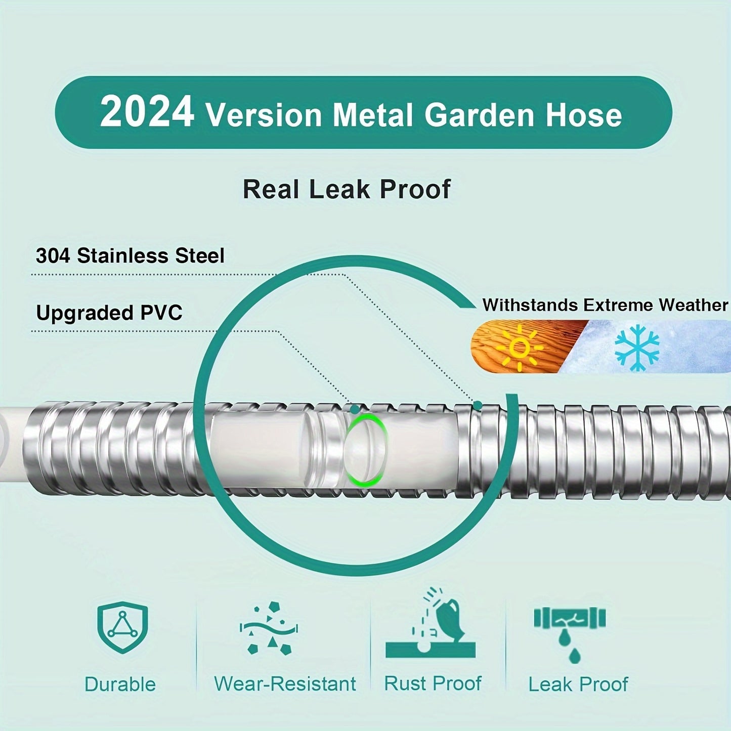 50ft Garden Hose Metal, Stainless Steel Water Hose Heavy Duty, with 10 Function Nozzle, 3/4" Universal Connectors, Flexible, Leak-Proof, Garden Hoses for Yard/Outdoors