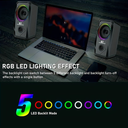 PC Computer Speakers, Wired Mini RGB Gaming Speakers For PC 2.0 USB Powered 3.5 Mm AUX, 6 RGB LED Backlit Modes Light Up, Multimedia Stereo For Desktop Laptop Phone Monitor, 10W