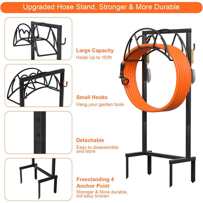 Heavy Duty Freestanding Garden Hose Holder - 1pc Upgraded Metal Hose Stand with 4 Spikes - Detachable Garden Hose Storage Hose Reel Rack, Black