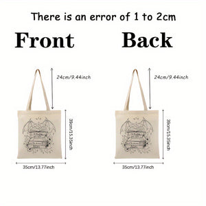 Canvas Tote Bag with Books and Wings Pattern, Machine Washable, No-Closure Shoulder Bag for School, Shopping, and Groceries