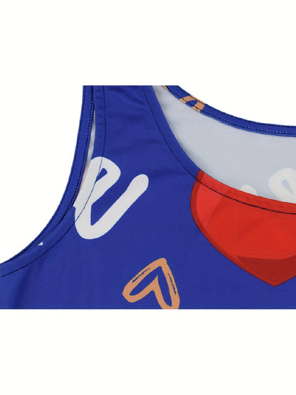 Heart & Letter Printed Tank Dress - Casual Sleeveless U Neck Design - Slim Fit & Flattering - Ideal Summer Womens Clothing
