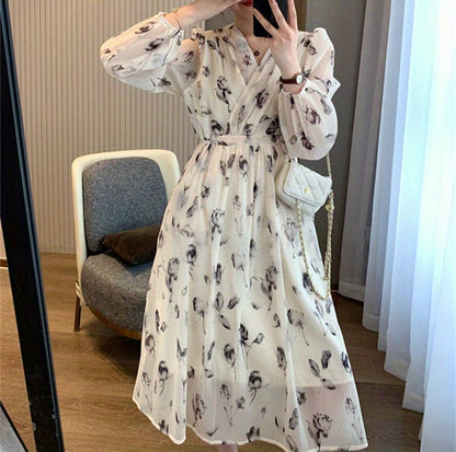 V-Neck Floral Print Chiffon Dress - Slim Waist, Long Sleeve, Elegant & Flowy - Fashion-Forward Womens Clothing for Any Season