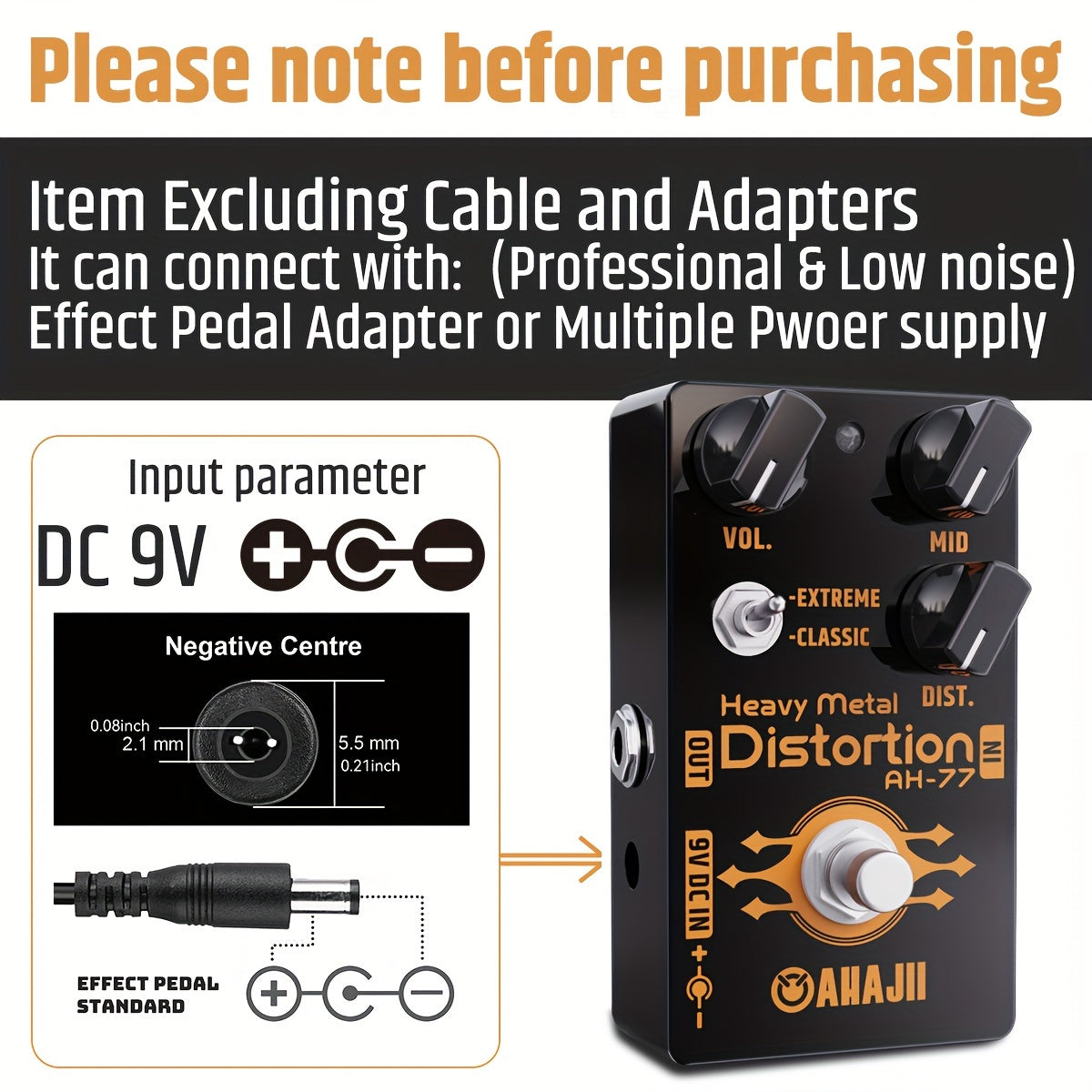 AHAIJI AH-77u High-Gain Distortion Pedal - Heavy Metal Guitar Effects, Black Aluminum Alloy, True Bypass, 3 Control Knobs (Volume, Distortion, Mid), 2-Way Extreme/Classic Selector for Switch, LED Indicator, for High-Quality S