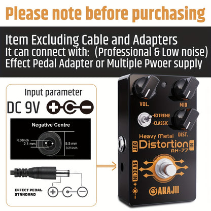 AHAIJI AH-77u High-Gain Distortion Pedal - Heavy Metal Guitar Effects, Black Aluminum Alloy, True Bypass, 3 Control Knobs (Volume, Distortion, Mid), 2-Way Extreme/Classic Selector for Switch, LED Indicator, for High-Quality S