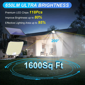 118 LED Solar Motion Sensor Floodlight with Remote Control - Outdoor Security Lighting for Patio, Garage, Porch, Yard - 16.5ft Cable,, 1800mAh Battery, Wall-Mounted Design, Yard Floodlight | Sleek Rectangular Design | LED Arr