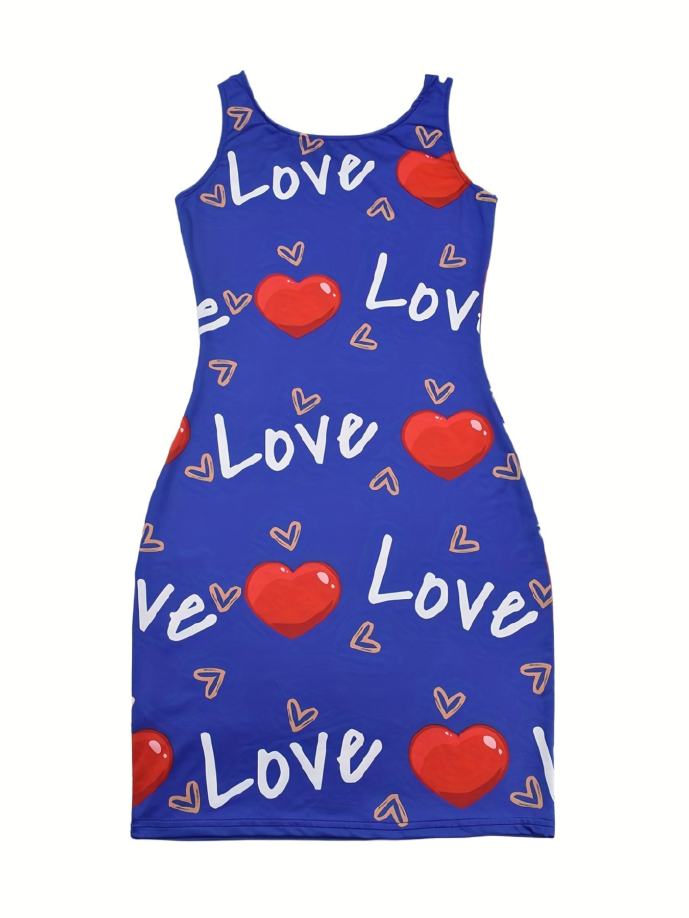 Heart & Letter Printed Tank Dress - Casual Sleeveless U Neck Design - Slim Fit & Flattering - Ideal Summer Womens Clothing
