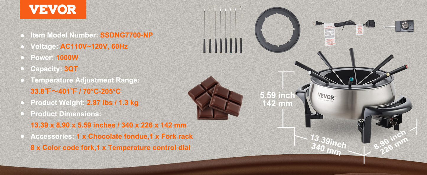 VEVOR Electric Fondue Pot Set for Cheese & Chocolate 3 Quart Chocolate Melting Stainless Steel Fondue with Temperature Control