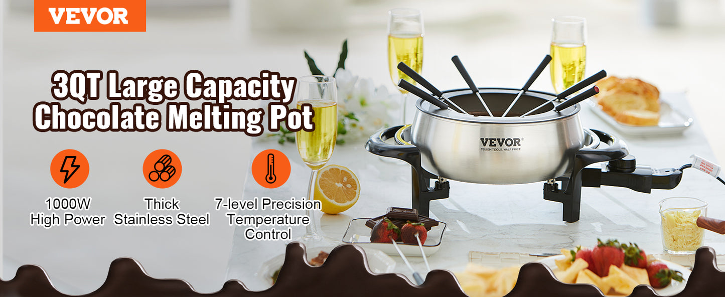 VEVOR Electric Fondue Pot Set for Cheese & Chocolate 3 Quart Chocolate Melting Stainless Steel Fondue with Temperature Control