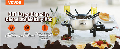 VEVOR Electric Fondue Pot Set for Cheese & Chocolate 3 Quart Chocolate Melting Stainless Steel Fondue with Temperature Control