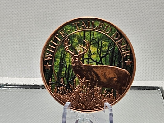 Reverse Proof Colorized White Tailed Deer 999 1oz Copper Round.