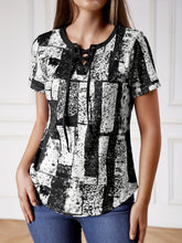 Load image into Gallery viewer, Vibrant Graphic Lace Up V Neck T-shirt - Short Sleeve, Adjustable Closure, Flattering Neckline, Perfect for Casual Summer Wear - Womens Clothing, Graphic Print Design, Ideal for Warm Weather
