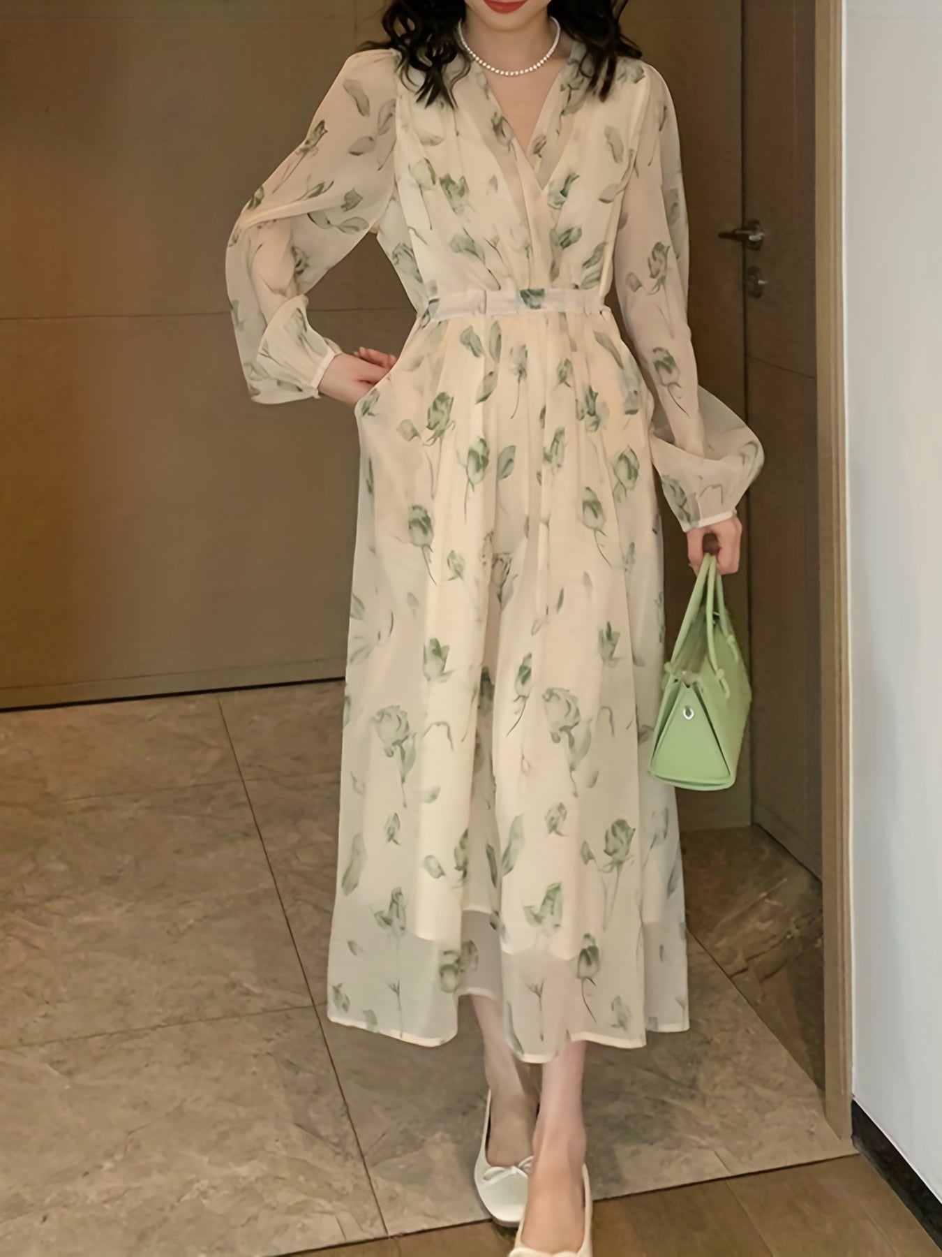 V-Neck Floral Print Chiffon Dress - Slim Waist, Long Sleeve, Elegant & Flowy - Fashion-Forward Womens Clothing for Any Season