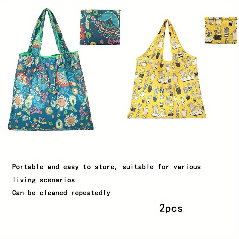 2 Reusable Polyester Shopping Bags - Foldable, Lightweight, Portable Handbag with Rectangular Shape, Used for Groceries And Storage.