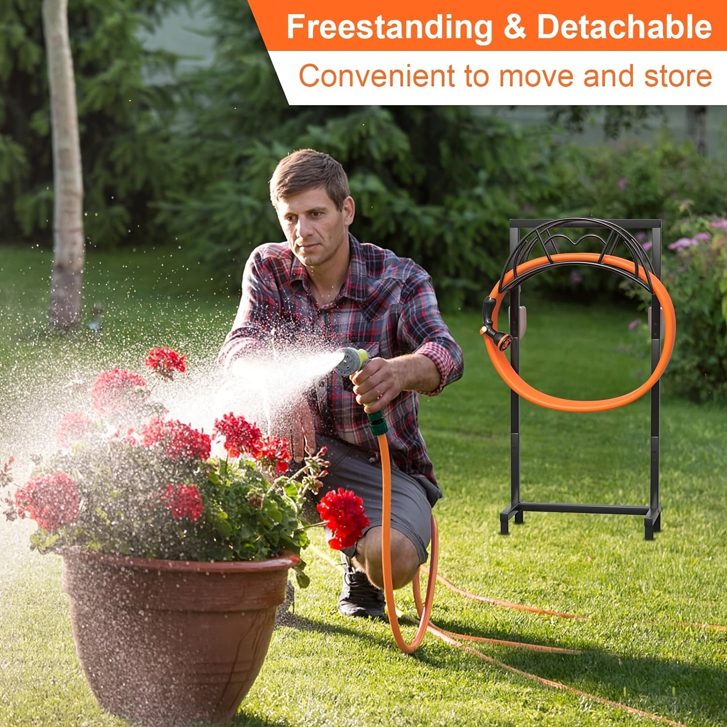 Heavy Duty Freestanding Garden Hose Holder - 1pc Upgraded Metal Hose Stand with 4 Spikes - Detachable Garden Hose Storage Hose Reel Rack, Black