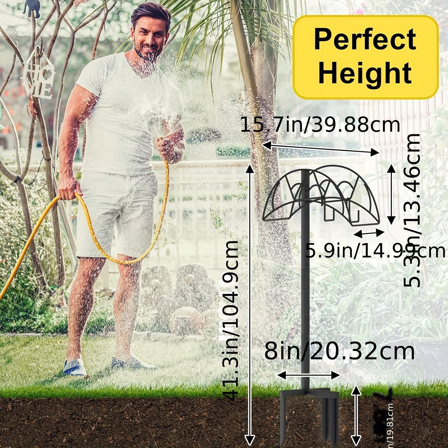 Heavy Duty Freestanding Garden Hose Holder - 1pc Upgraded Metal Hose Stand with 4 Spikes - Detachable Garden Hose Storage Hose Reel Rack, Black