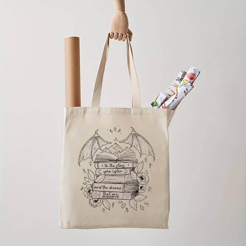 Canvas Tote Bag with Books and Wings Pattern, Machine Washable, No-Closure Shoulder Bag for School, Shopping, and Groceries