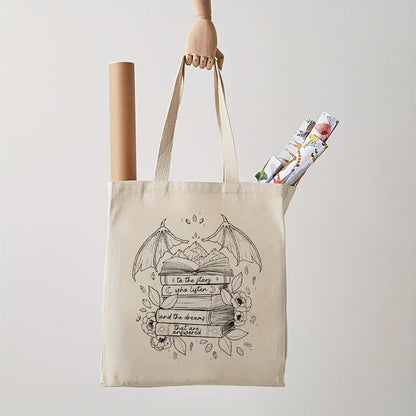 Canvas Tote Bag with Books and Wings Pattern, Machine Washable, No-Closure Shoulder Bag for School, Shopping, and Groceries