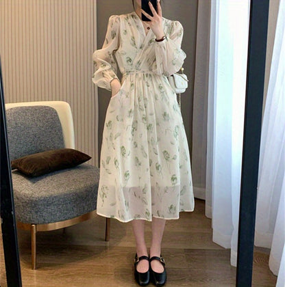 V-Neck Floral Print Chiffon Dress - Slim Waist, Long Sleeve, Elegant & Flowy - Fashion-Forward Womens Clothing for Any Season