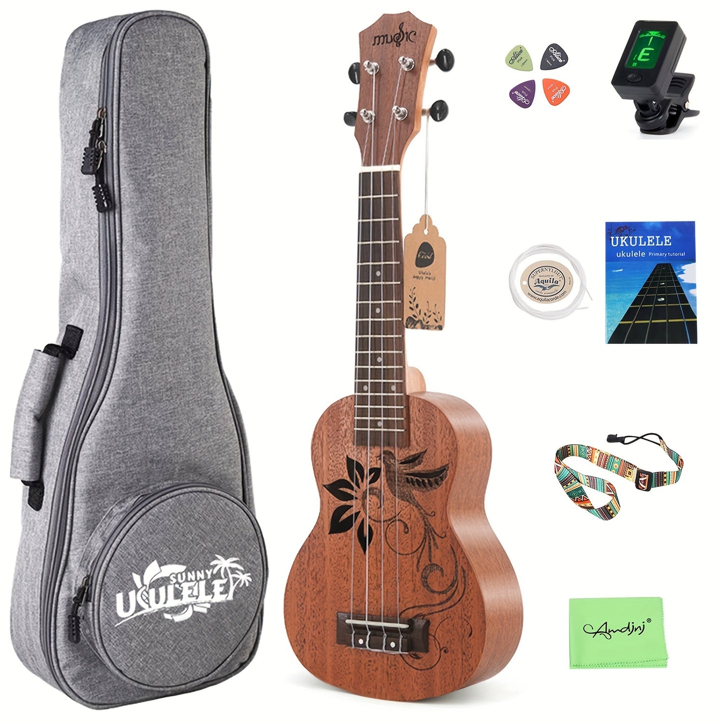 Amdini 21 inch Soprano Ukulele Sapele Small Hawaiian Guitar Set with Case Strap Tuner Picks Nylon Strings Primary Tutorial