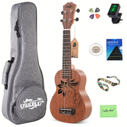 Amdini 21 inch Soprano Ukulele Sapele Small Hawaiian Guitar Set with Case Strap Tuner Picks Nylon Strings Primary Tutorial