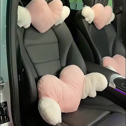 [2pcs Comfortable Heart-Shaped Pillows] 2pcs Plush Heart-Shaped Car Headrest Pillows with Angel Wings - Comfortable Neck Support Cushions for Car Seats - Fashionable Fabric Interior Car Accessories for Women