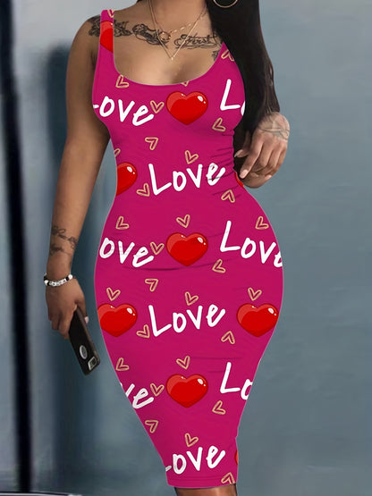 Heart & Letter Printed Tank Dress - Casual Sleeveless U Neck Design - Slim Fit & Flattering - Ideal Summer Womens Clothing