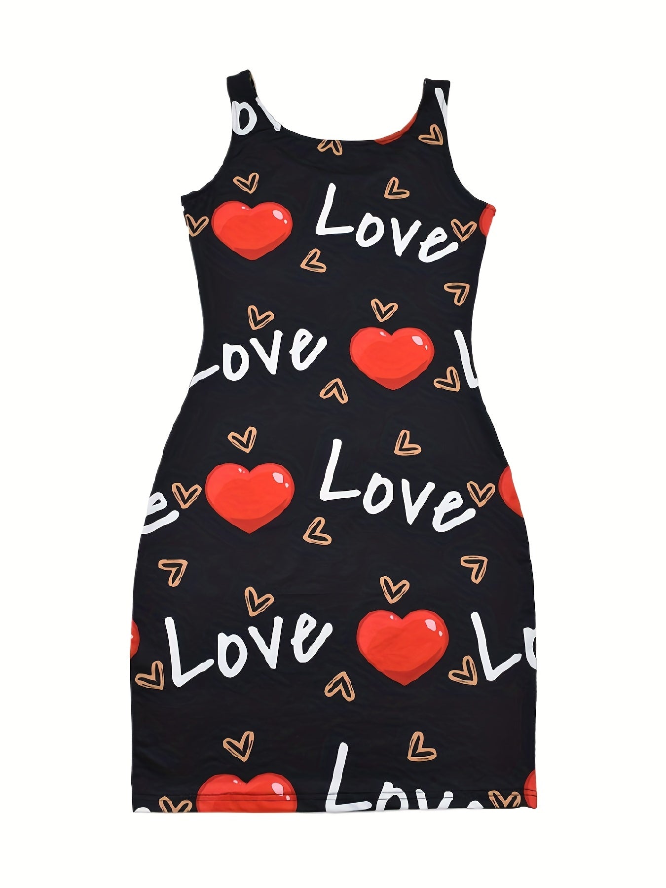 Heart & Letter Printed Tank Dress - Casual Sleeveless U Neck Design - Slim Fit & Flattering - Ideal Summer Womens Clothing