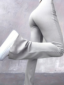 Stylish Flare Leg Pants - Soft and Stretchy Ribbed Fabric, Comfortable High-Rise Design, Flexible and Form-Fitting Waistband, Fashionable Flared Leg Style - Chic Womens Clothing for Everyday Wear