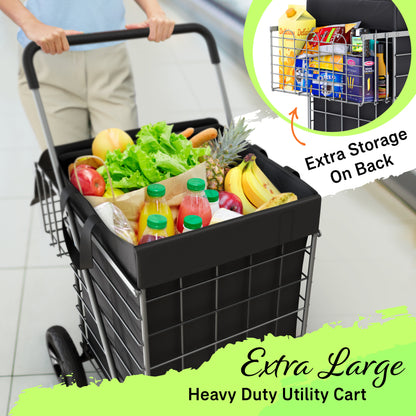 Extra Large Shopping Cart w/ 360 Swivel Wheels & Waterproof Basket Liner for Groceries, Shopping Laundry - Foldable Collapsible & Lightweight - Extra Large Heavy Duty Utility Cart