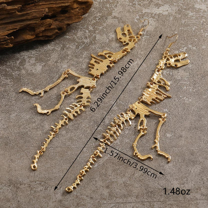 Unique Dinosaur Skeleton Drop Earrings - Vintage-Inspired, Golden Ancient Silver Color, Creative Design, Dangle Earrings for Women, Statement Jewelry, Fashion Accessories