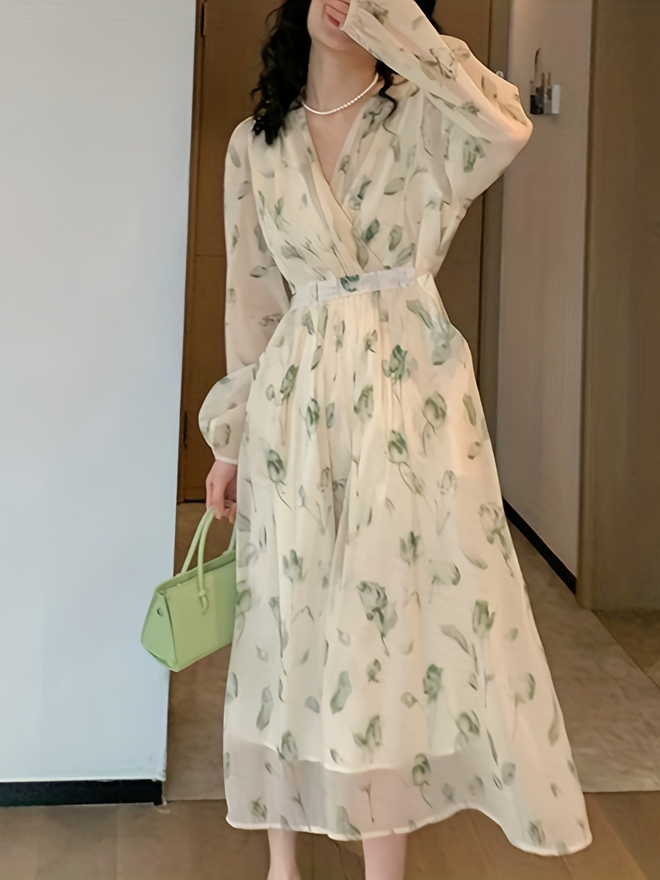 V-Neck Floral Print Chiffon Dress - Slim Waist, Long Sleeve, Elegant & Flowy - Fashion-Forward Womens Clothing for Any Season