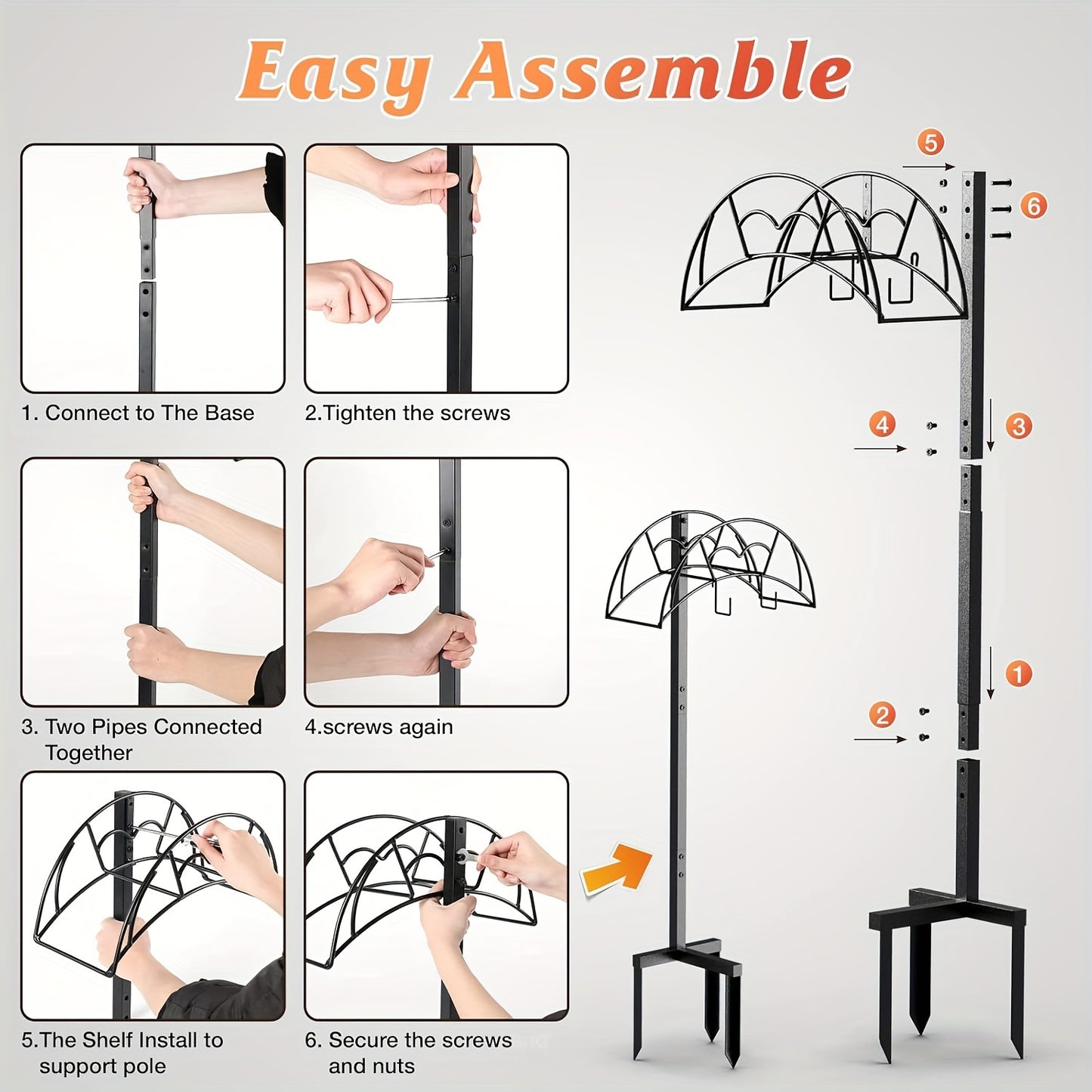 Heavy Duty Freestanding Garden Hose Holder - 1pc Upgraded Metal Hose Stand with 4 Spikes - Detachable Garden Hose Storage Hose Reel Rack, Black