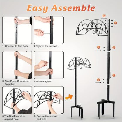 Heavy Duty Freestanding Garden Hose Holder - 1pc Upgraded Metal Hose Stand with 4 Spikes - Detachable Garden Hose Storage Hose Reel Rack, Black