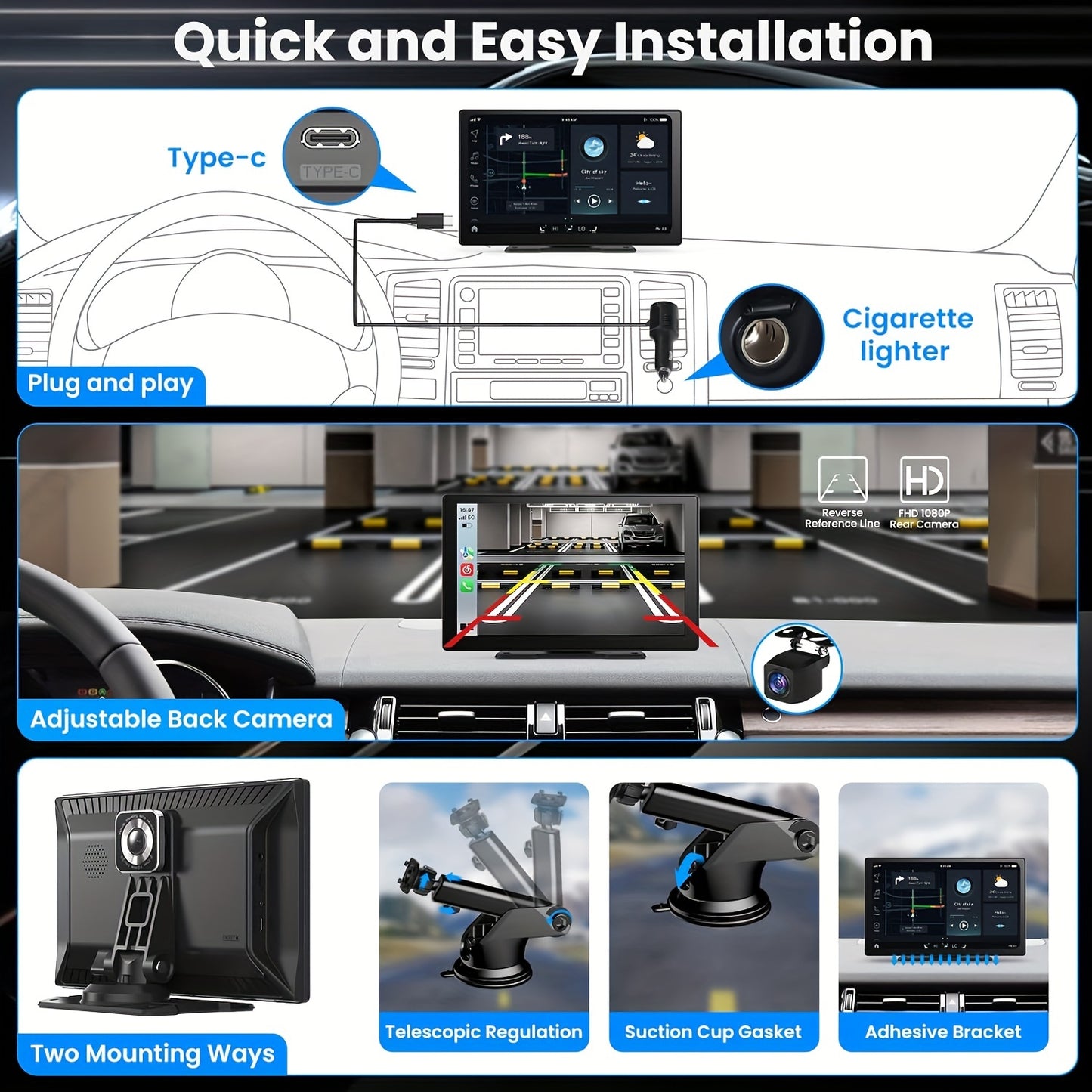 9 Inch Portable Car Stereo, Wireless Car Touch Screen Android Auto With 2.5K Dash Cam, 1080P Backup Camera, Car Audio Receiver With Mirror Link/GPS Navigation/FM
