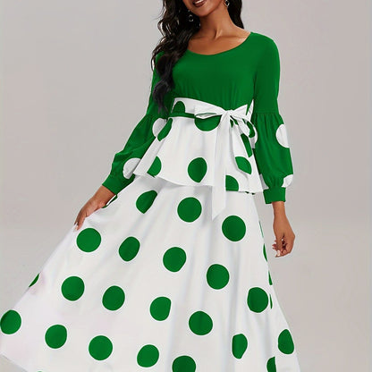 Vibrant Polka Dot V-Neck Long Sleeve Maxi Dress - Elegant High Tie Waist Flared Design, High Elasticity Polyester Fabric, Machine Washable, Random Printing, All-Season Wear, Knit Fabric, Womens Clothing for Adult