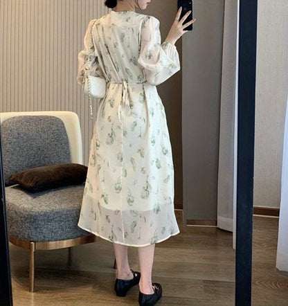 V-Neck Floral Print Chiffon Dress - Slim Waist, Long Sleeve, Elegant & Flowy - Fashion-Forward Womens Clothing for Any Season