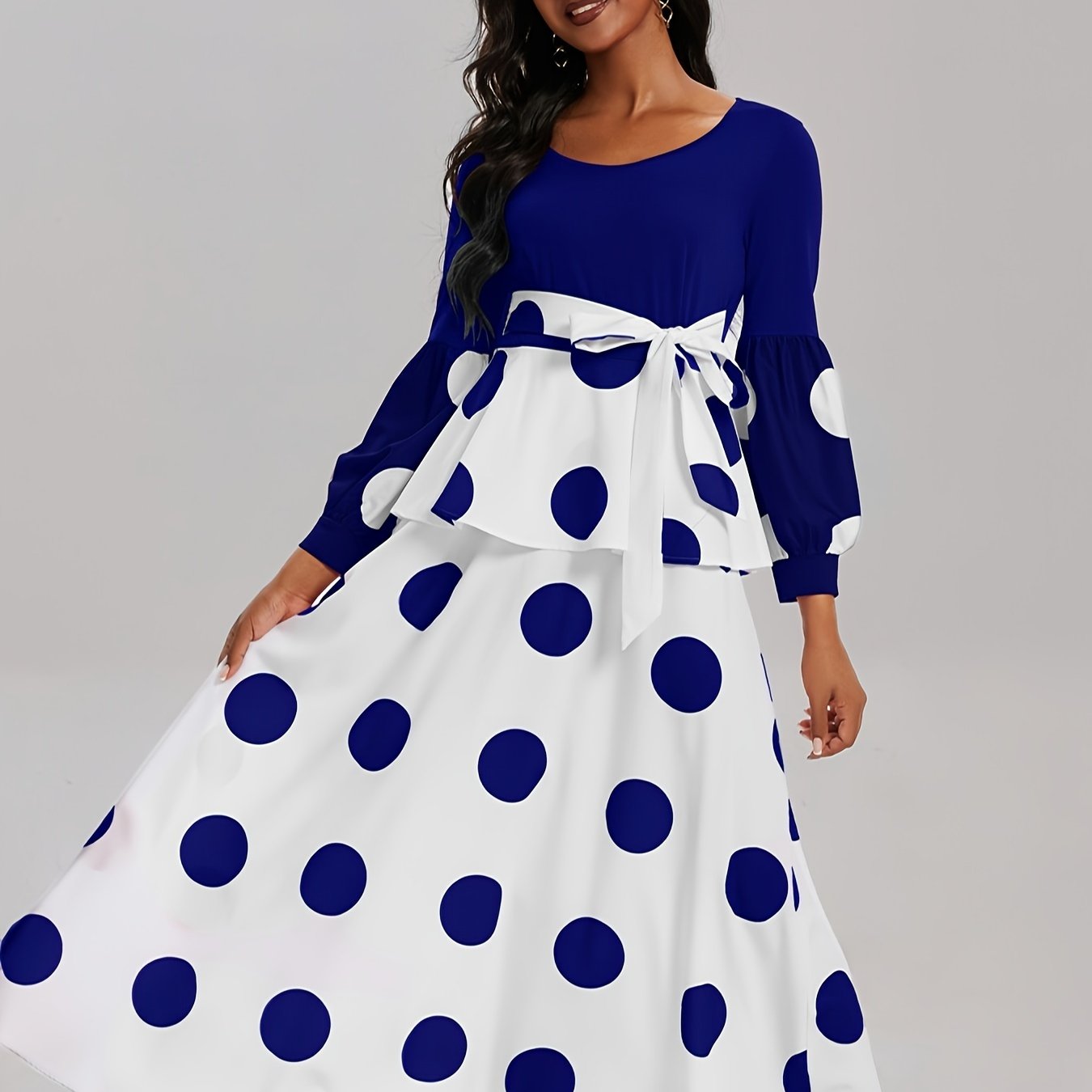 Vibrant Polka Dot V-Neck Long Sleeve Maxi Dress - Elegant High Tie Waist Flared Design, High Elasticity Polyester Fabric, Machine Washable, Random Printing, All-Season Wear, Knit Fabric, Womens Clothing for Adult