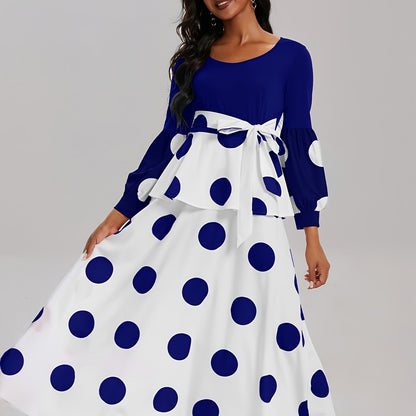 Vibrant Polka Dot V-Neck Long Sleeve Maxi Dress - Elegant High Tie Waist Flared Design, High Elasticity Polyester Fabric, Machine Washable, Random Printing, All-Season Wear, Knit Fabric, Womens Clothing for Adult