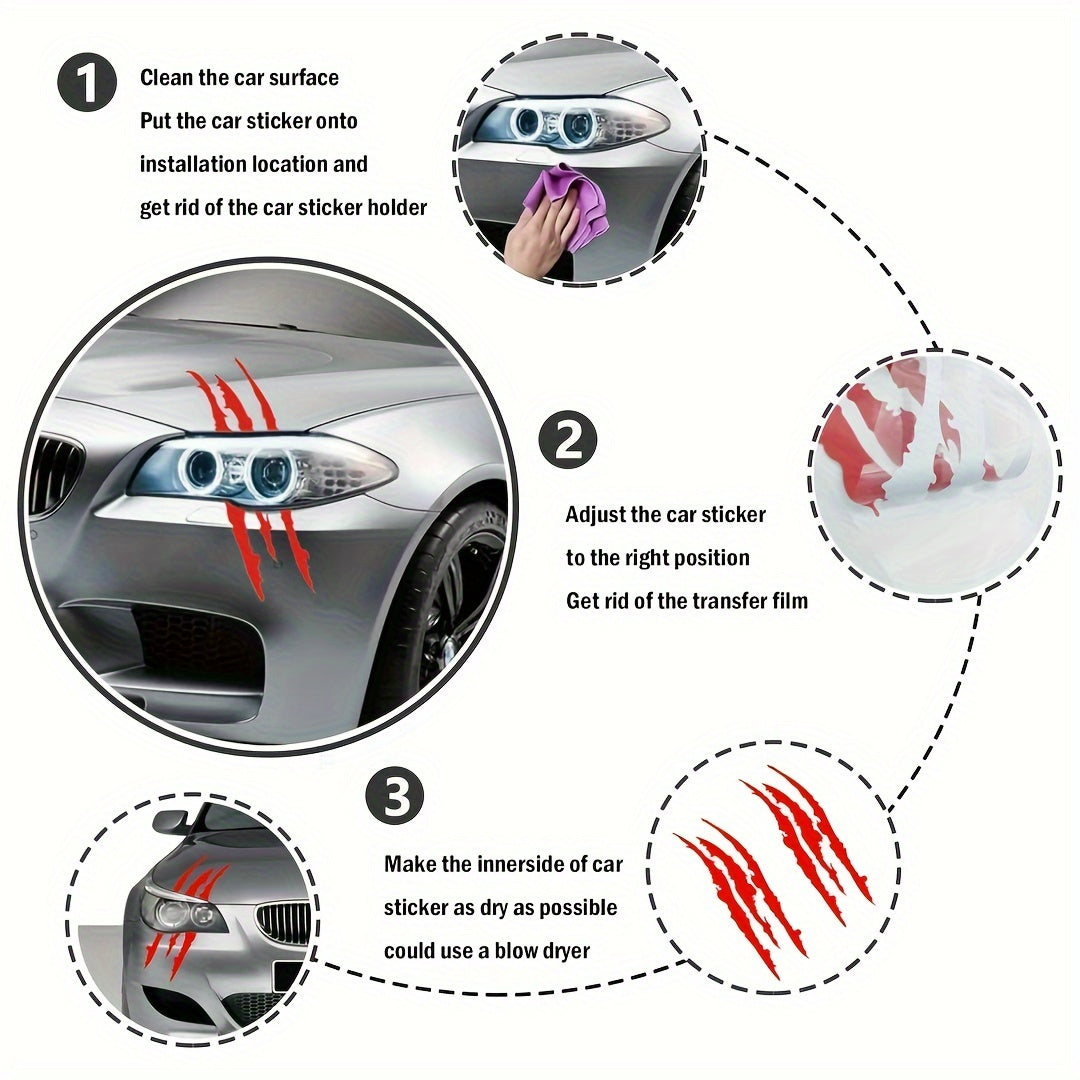 Vinyl Horror Claw Car Decals 2-Pack, Geometric Self-Adhesive Scratch Stickers for Vehicles - Glossy Finish, Horror Themed Embellishment, Half-Moon Shape, Suitable for Car Windows, Body, Motorcycles, Halloween Decor