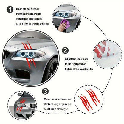 Vinyl Horror Claw Car Decals 2-Pack, Geometric Self-Adhesive Scratch Stickers for Vehicles - Glossy Finish, Horror Themed Embellishment, Half-Moon Shape, Suitable for Car Windows, Body, Motorcycles, Halloween Decor