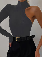 Load image into Gallery viewer, Chic Asymmetric One Shoulder Ribbed Knit Bodysuit - Long Sleeve, Sexy Style for Fall Winter - Form-Fitting, Versatile One Piece Womens Clothing
